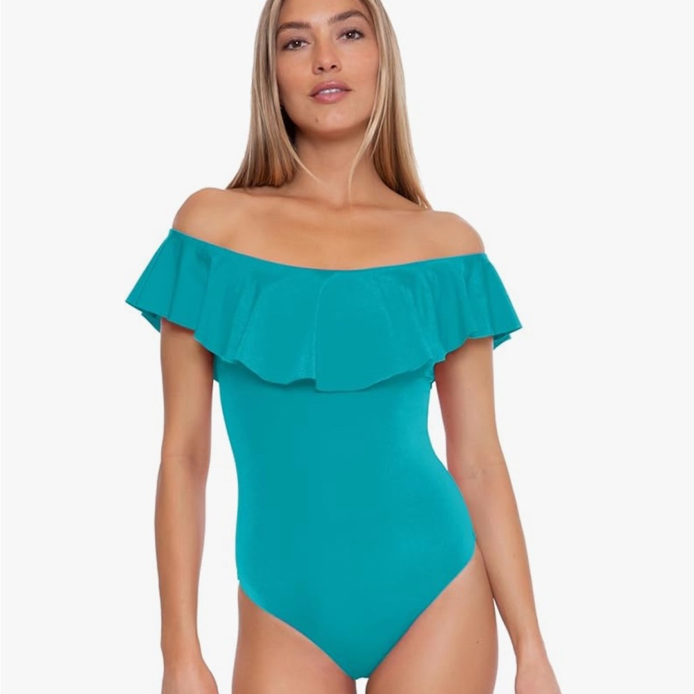 Trina Turk Damen Monaco Ruffle One Piece Swimsuit, Off Shoulder. Size 6
